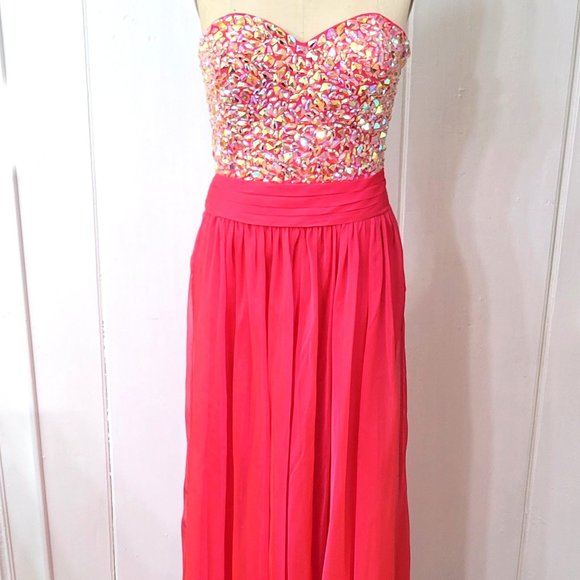 La Femme Fushia Chiffon Gown Prom Dress Jeweled Bodice - Picture 1 of 7
